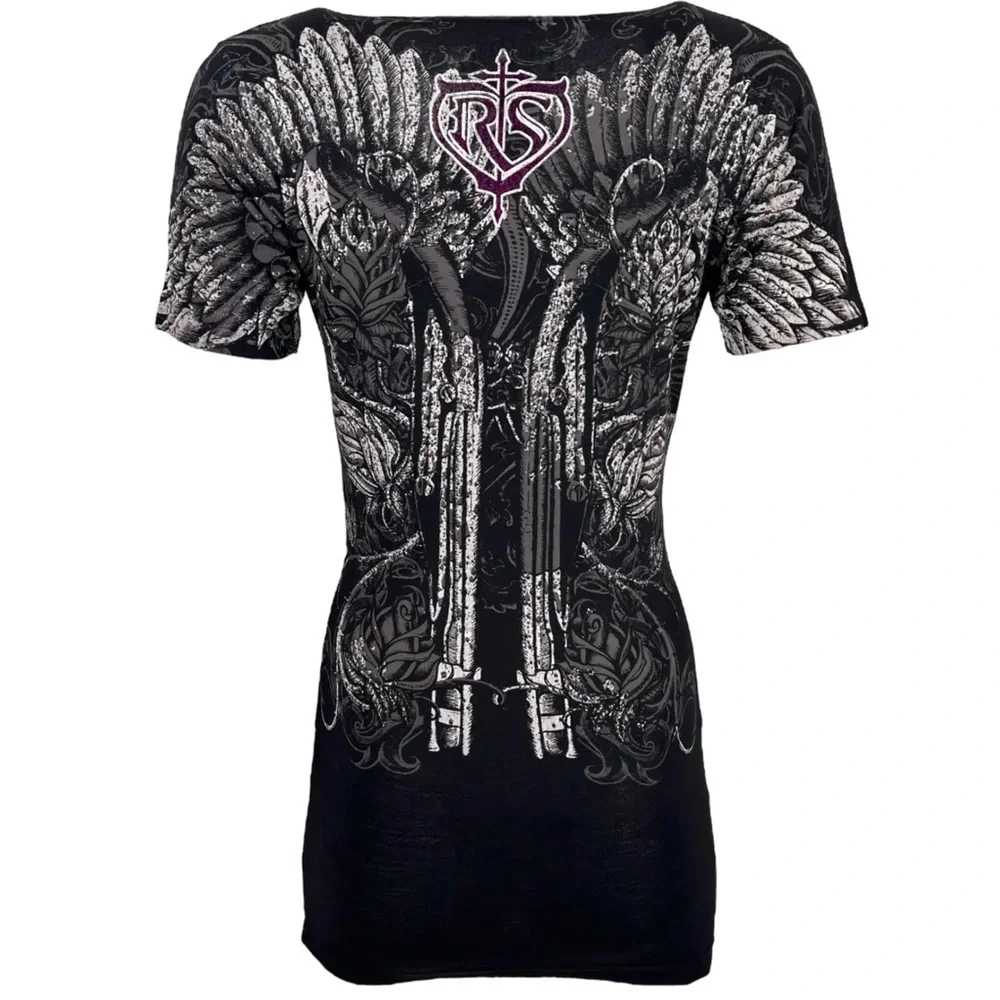 Rebel Saint by Affliction Women's T-shirt Ravenous Biker Tattoo - Picture 3 of 5